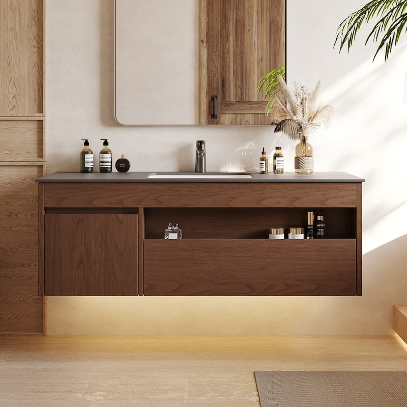 47.24'' Single Bathroom Vanity with Stone Top, Solid Wood, Dark Gray Stone Top