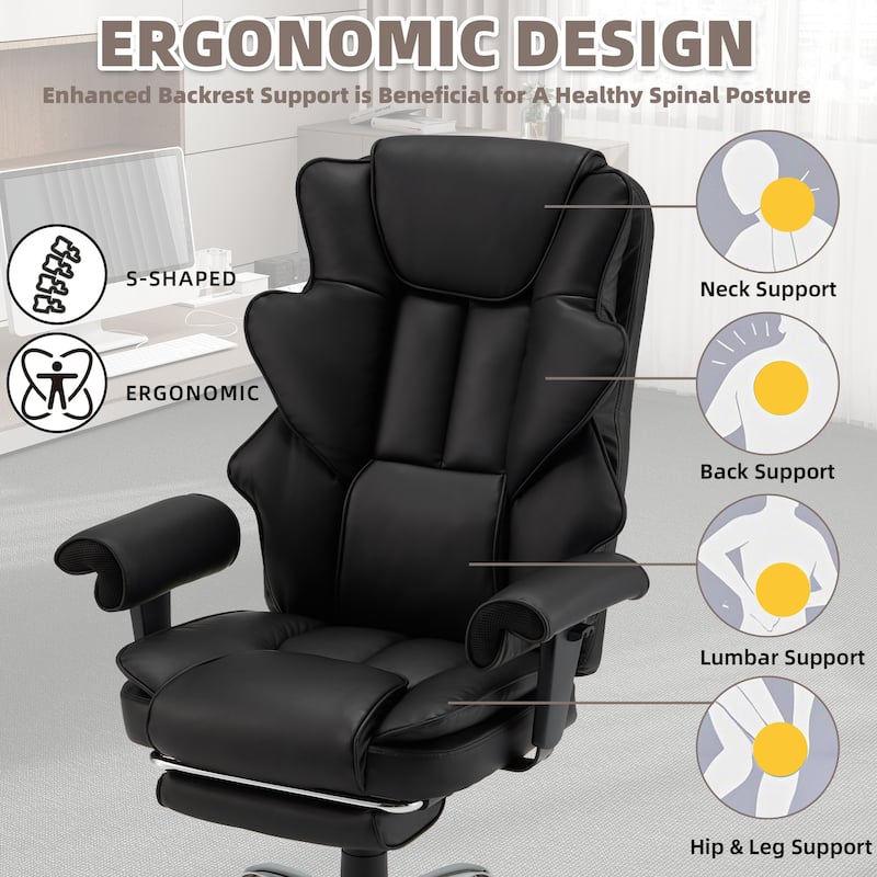 Ergonomic 6-Point Massage Office Chair with Heating, Reclining Function, Retractable Footrest, and Adjustable Armrests