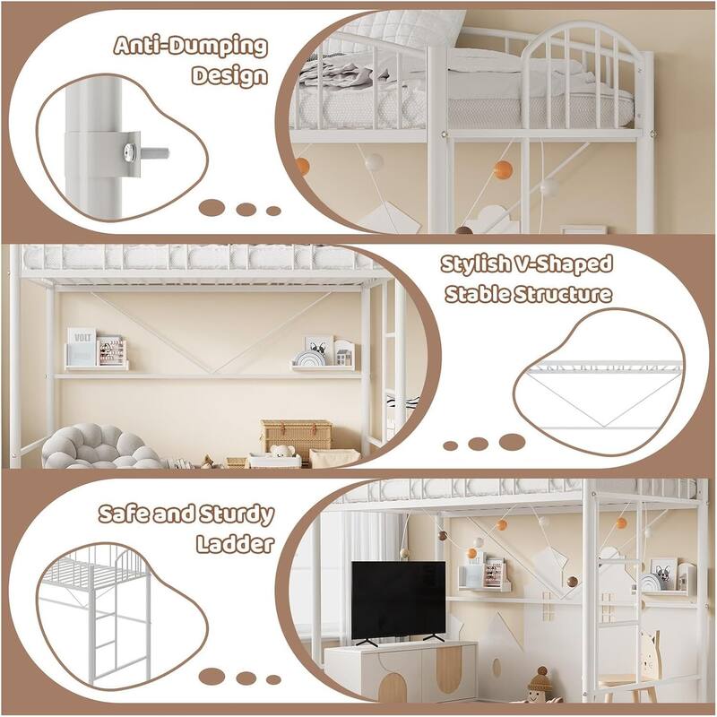 Space-Saving Twin Metal Loft Bed Frame, Safety Ladder, No Box Spring Needed