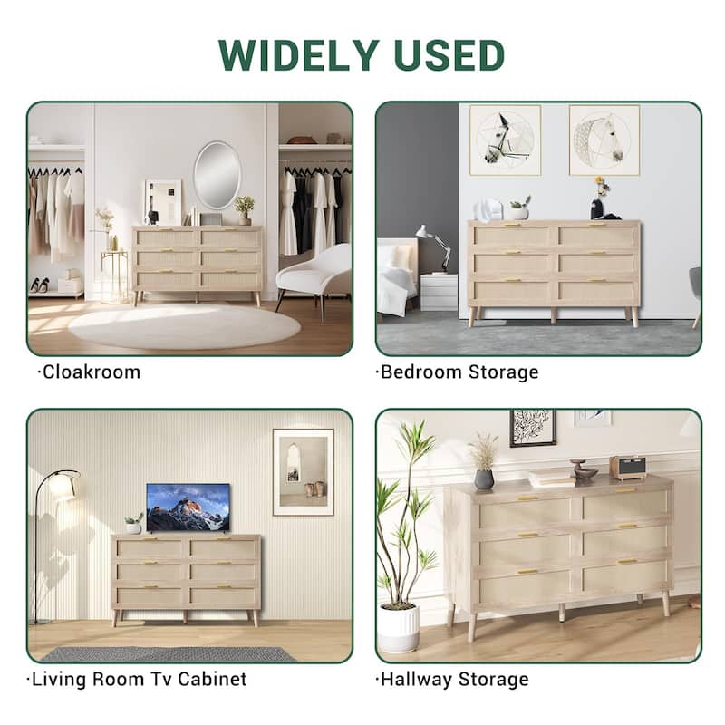 6/8 Drawer Dresser for Bedroom, Natural Rattan Dresser with Metal Handles, Farmhouse Chest of Drawer