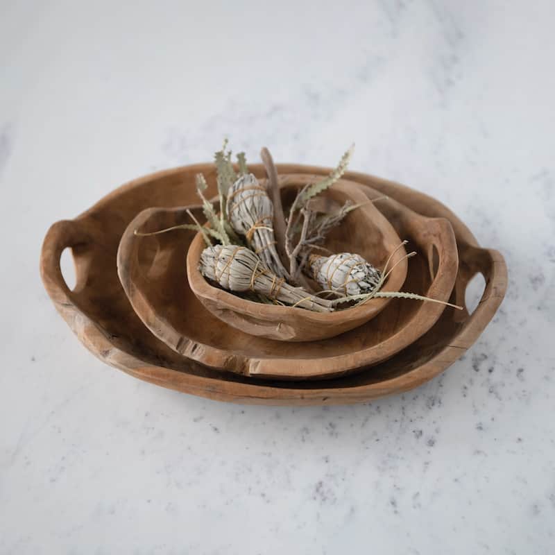Teak Wood Bowls with Handles, Set of 3 (Each One Will Vary)