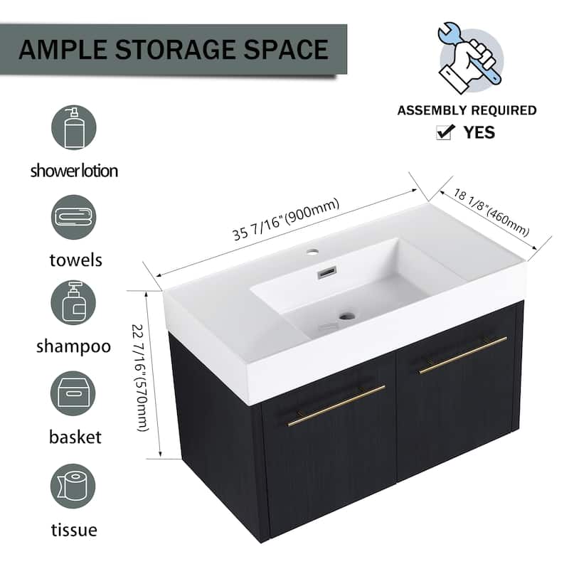 Bathroom Vanity With Sink In 24/30/36 Inch, Floating Bathroom Vanity with Soft Close Door
