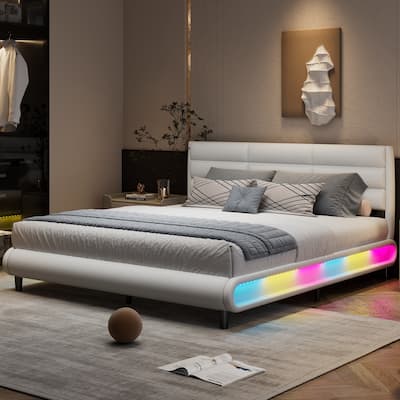 Roomfitters King Size Upholstered Platform Bed with LED Light Strips, Modern Bedroom Design with Built-In Lighting, White