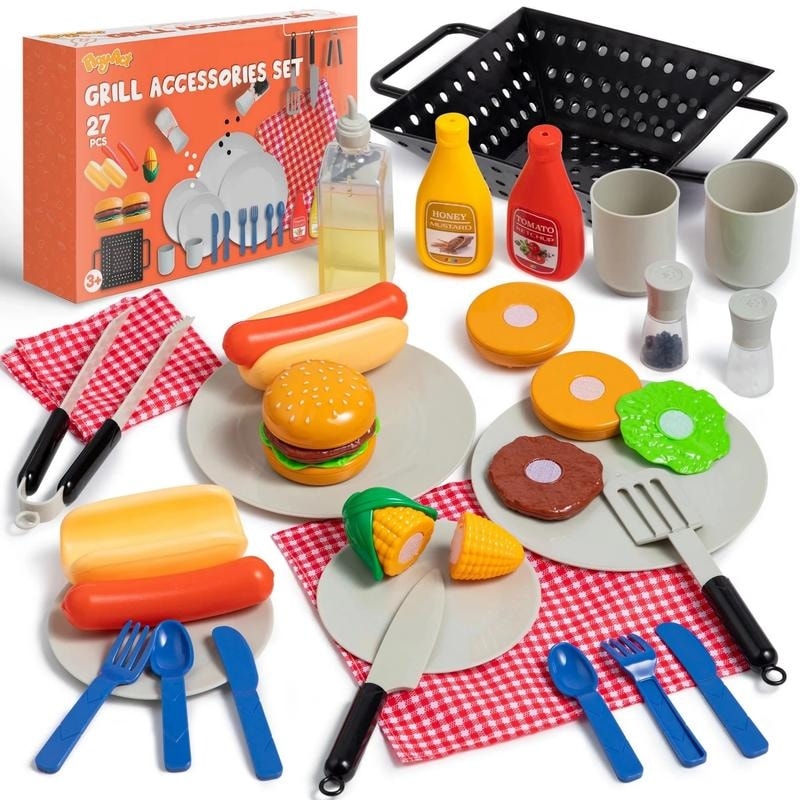 27Pcs Kids BBQ Grill Playset Backyard Barbecue Toy Set - Multicolor