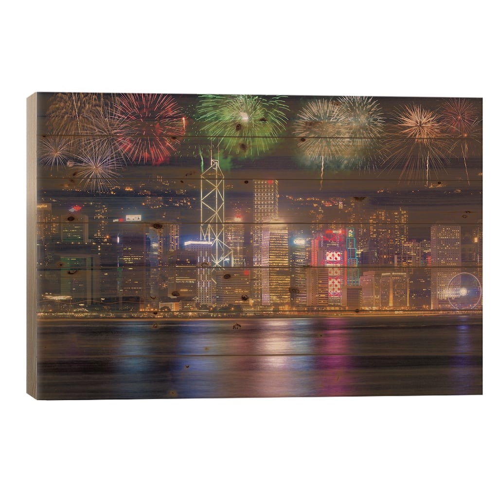 China, Hong Kong. Fireworks over city at night. Print On Wood by Jaynes Gallery - Multi-Color