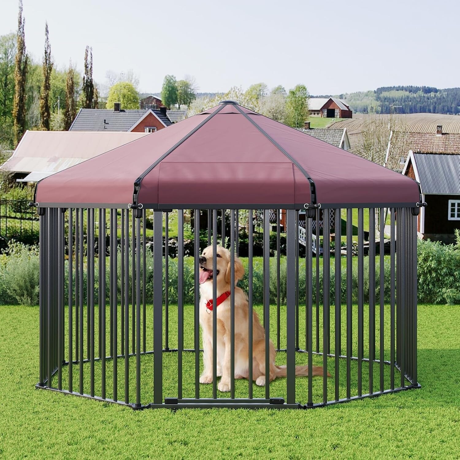 Outdoor Dog Kennel with Roof, Playpen with Metal Gate for Backyard
