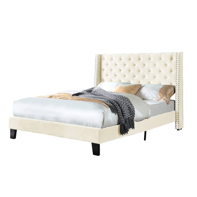 Mid-Century Tufted Platform Bed with Nailhead Trim - Full - Beige