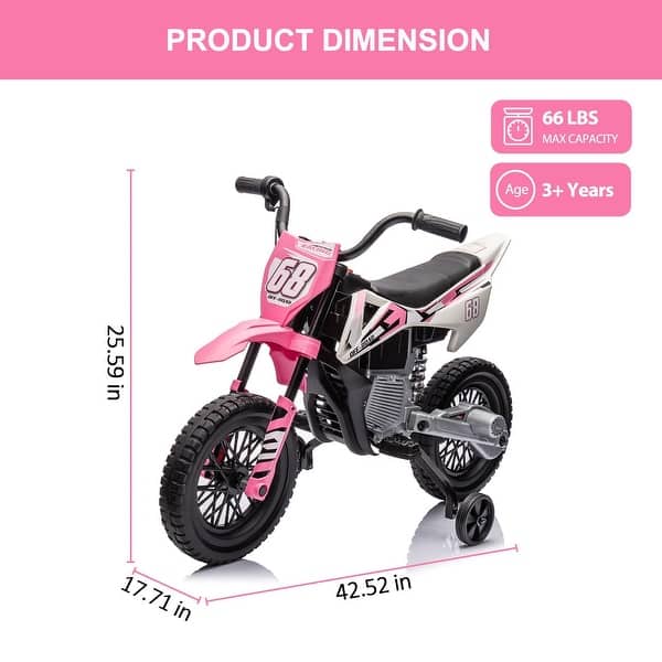 dimension image slide 1 of 3, 12V Kids Motorcycle, Kids Electric Dirt Bike with Traning Wheels