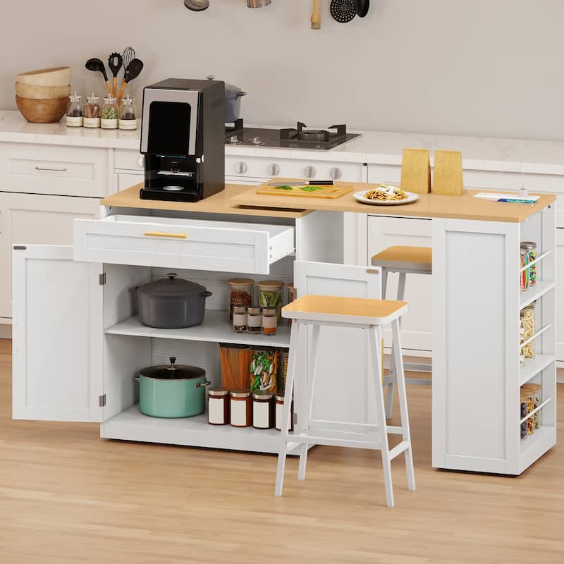 Moasis Kitchen Island with Seating & Extendable Dining Table,Mobile Storage Islands with 2 Chairs - White