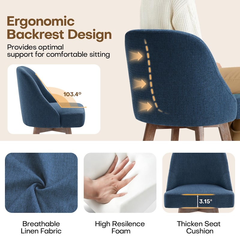 26" Upholstered Counter Height Swivel Bar Stool, Counter Stools with Solid Wood Legs - 39.37"H x 22.44"D x 21.65"W