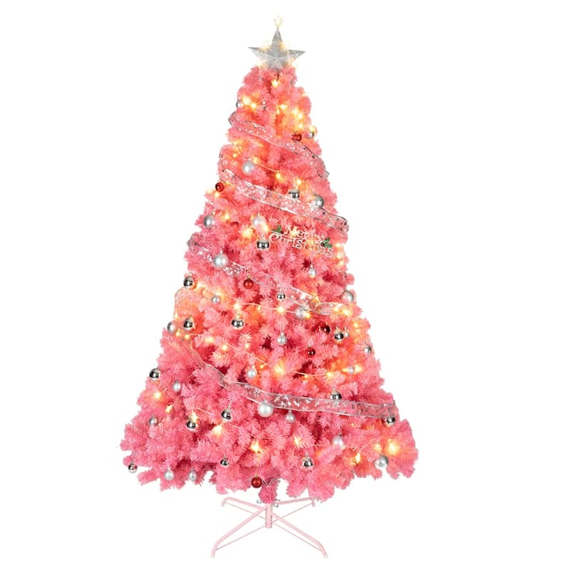 6 Foot Pink Artificial Christmas Tree with 1000 PVC Tips and Durable Metal Tree Stand Included - 6-Feet