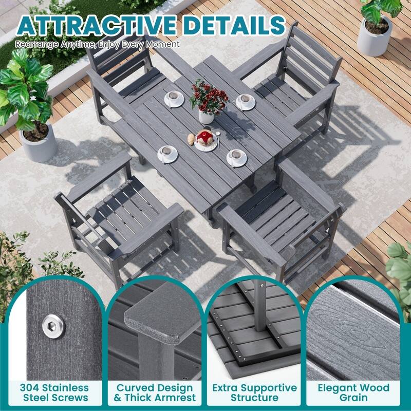 Gray 5/7-Piece HDPE Wood Grain Patio Outdoor Dining Set with Armrest & Umbrella Hole