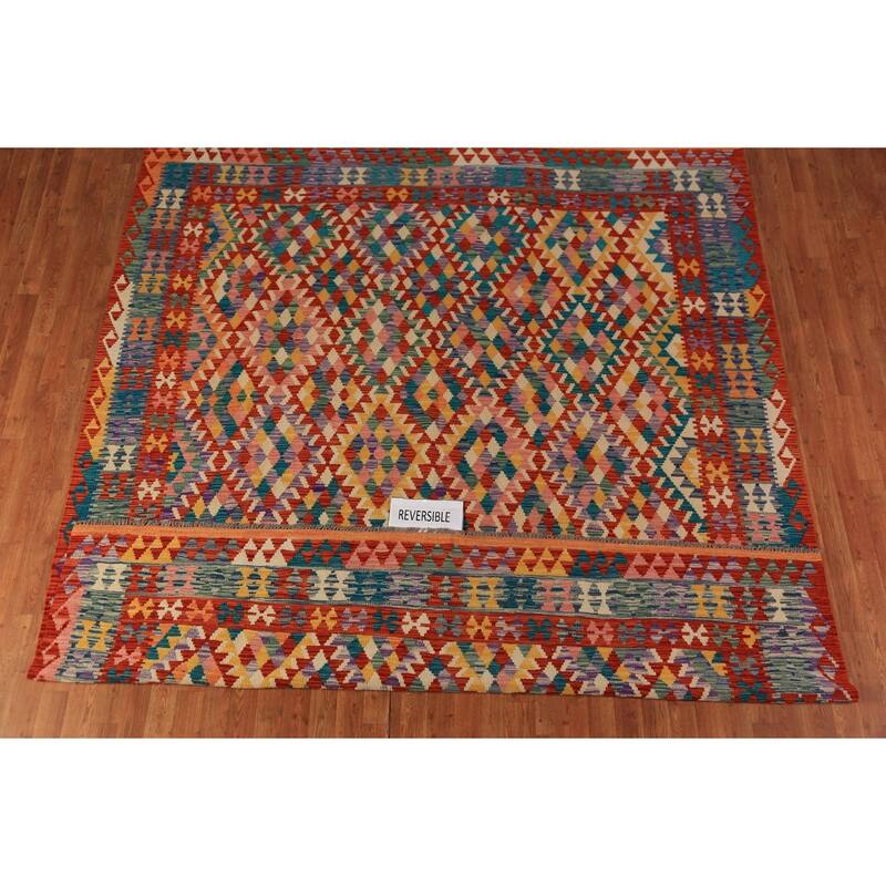 Geometric Kilim Oriental Rug Hand-Woven Multi-Color Wool Carpet - 8'5"x 9'9"