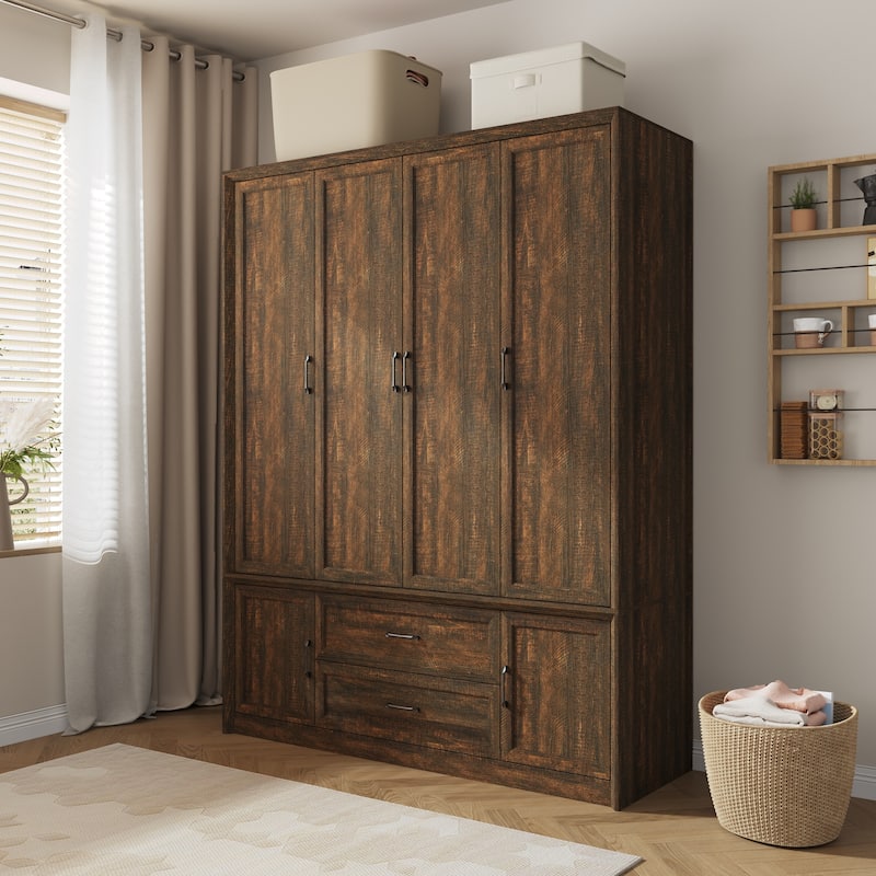 6 Doors Wardrobe Closet Armoire with Hanging Rail White/Brown Large Cabinet