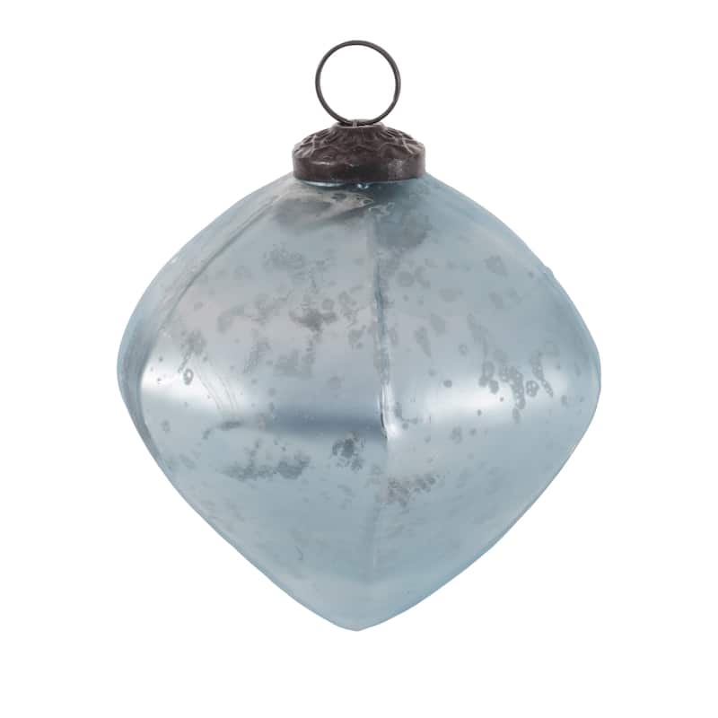 Blue Glass Mercury Geometric Ornaments with Brass Cap Set of 6 Decor - 3.75” x 3.75” x 4” (L x W x H)