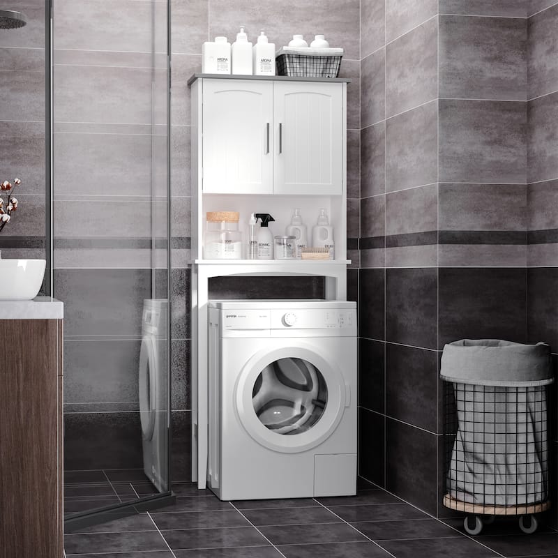 Grey Vertical Bathroom Cabinet Over The Toilet with Adjustable Shelf and Classic Doors - 25.25" W x 8.75" D x 65" H