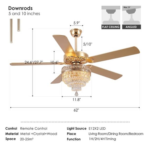 dimension image slide 2 of 5, 52/62/72 Inch Crystal Fandelier Ceiling Fan with Lights and Remote, Reversible Motor