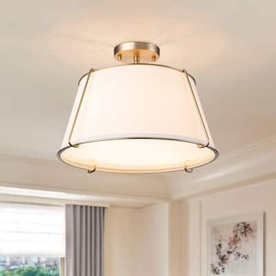 Brass 4-Light Wide Drum Linen Ceiling Light - 17in Mid-Century