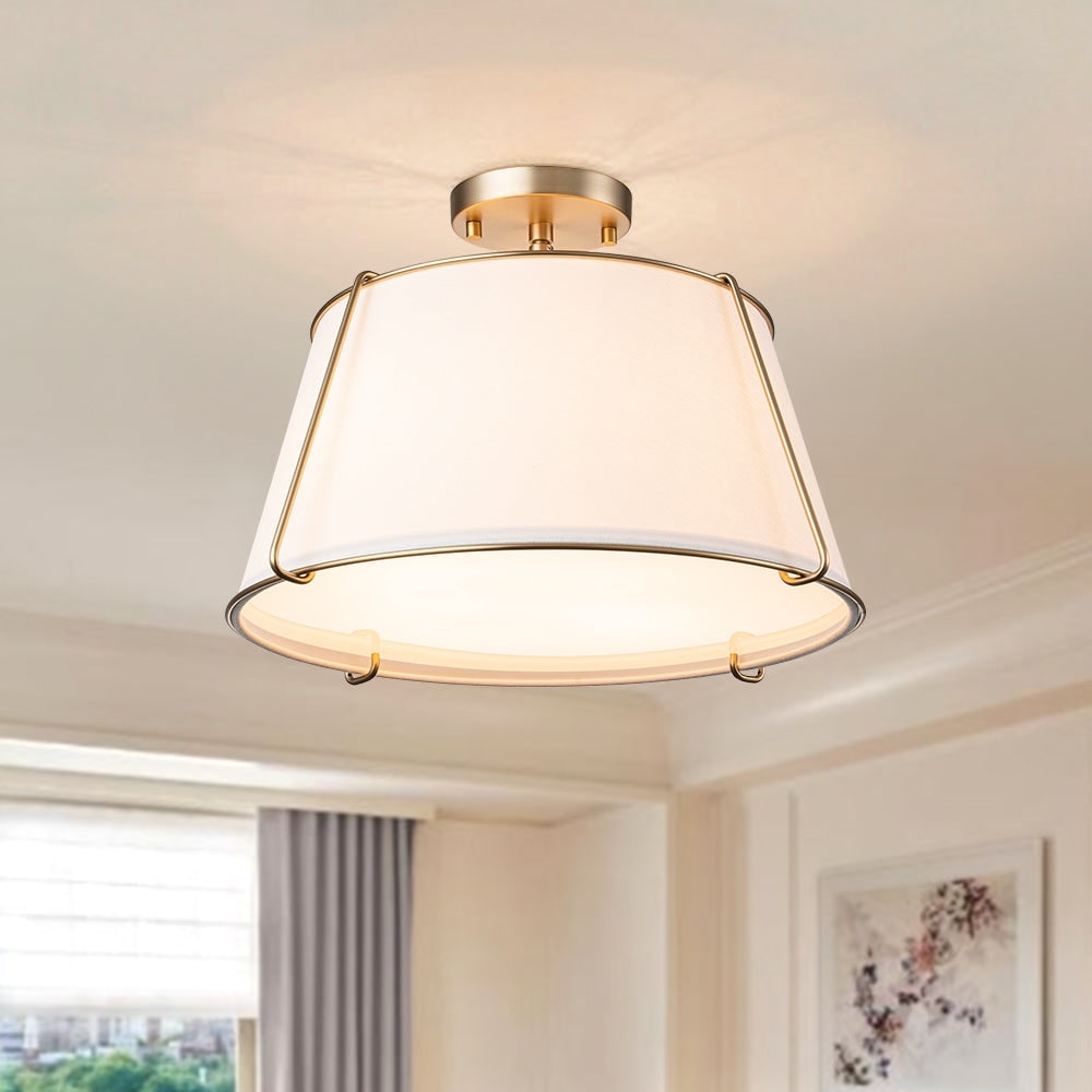 Brass 4-Light Wide Drum Linen Ceiling Light - 17in Mid-Century