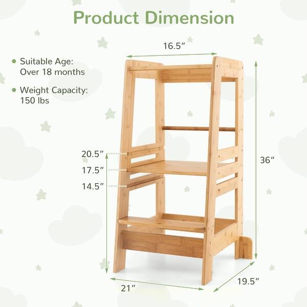 Bamboo Toddlers Kitchen Step Stool with Height Adjustable Platform - 21"L x 19.5"W x 36"H