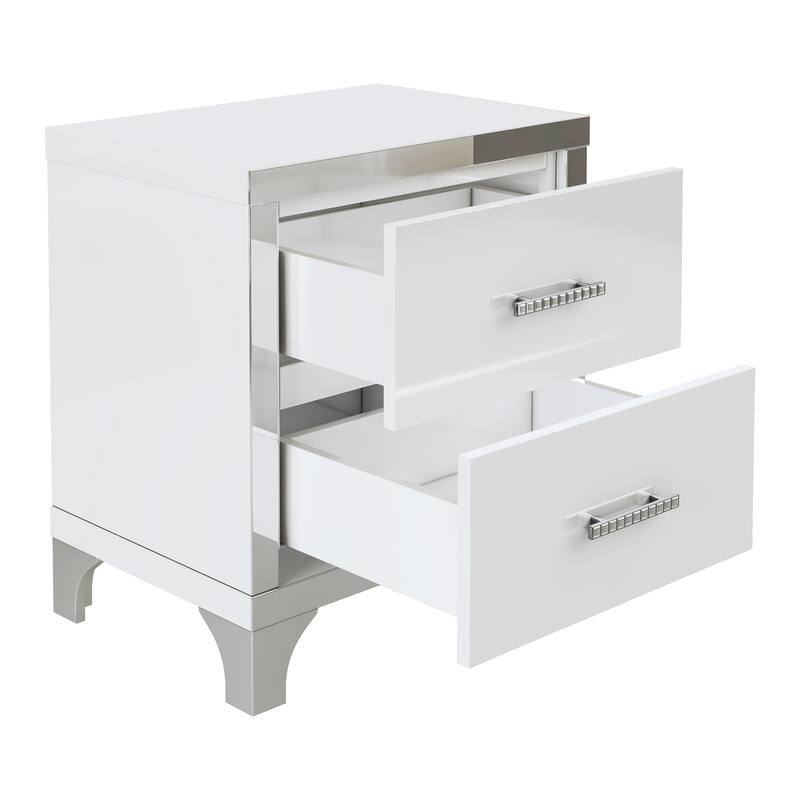 Elegant High-Gloss Mirrored 2-Drawer Nightstand - Metal Handle Bedside Table for Bedroom/Living Room (White)
