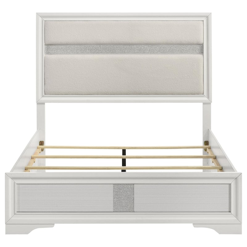 Vino Full Size Bed, Panel Headboard, White Upholstery, Glitter Stripes