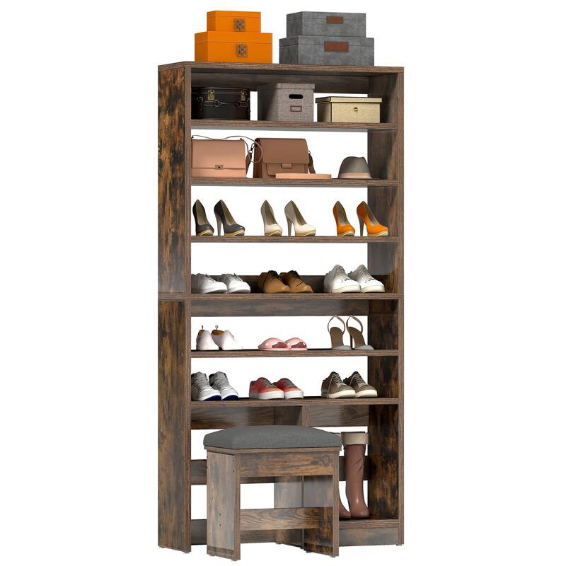 Moasis 8 Tiers Free Standing Shoe Cabinet with Hidden Bench, 70.9'' Tall Shoe Racks with Open Storage & High Boots Cubby - Brown