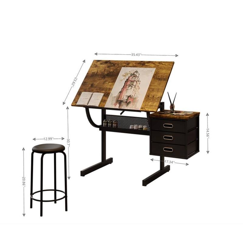 Black drafting drawing table with stool and 3 drawers