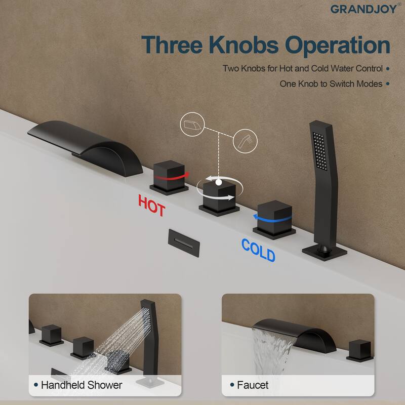 5-Hole 3-Handle Deck-Mount Waterfall Tub Faucet with Hand Shower,Waterfall Spout Bathtub Faucet