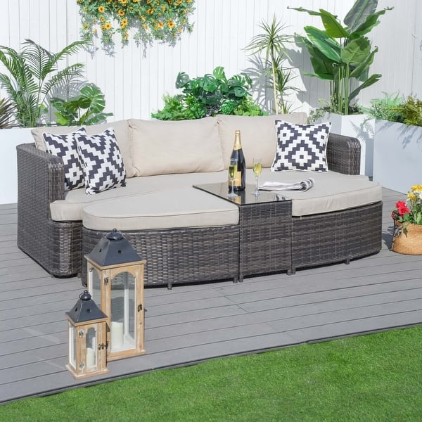 slide 2 of 9, Modern Outdoor Modular Aluminum Woven Daybed with 8mm Glass Side Table and 3-piece Cushions Brown