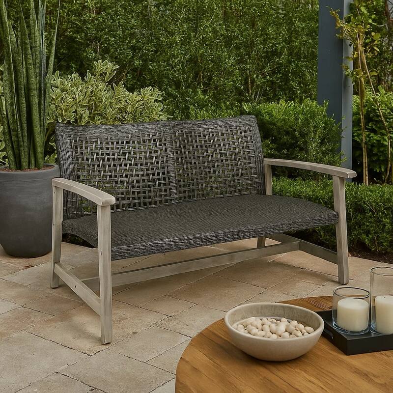 Bops Outdoor Loveseat, Rustic Acacia Wood Frame, 52 Inch, Gray Wicker