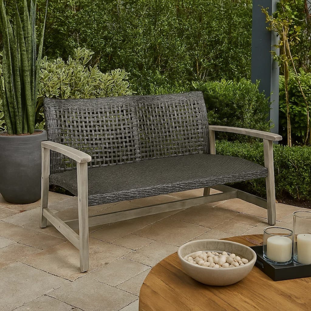 Bops Outdoor Loveseat, Rustic Acacia Wood Frame, 52 Inch, Gray Wicker