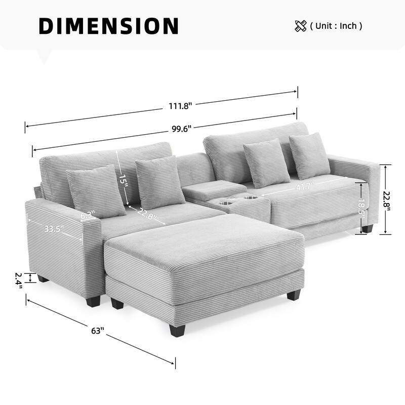 Oversized Corduroy Upholstered Sofa with a Removable Ottoman & 4 Pillows