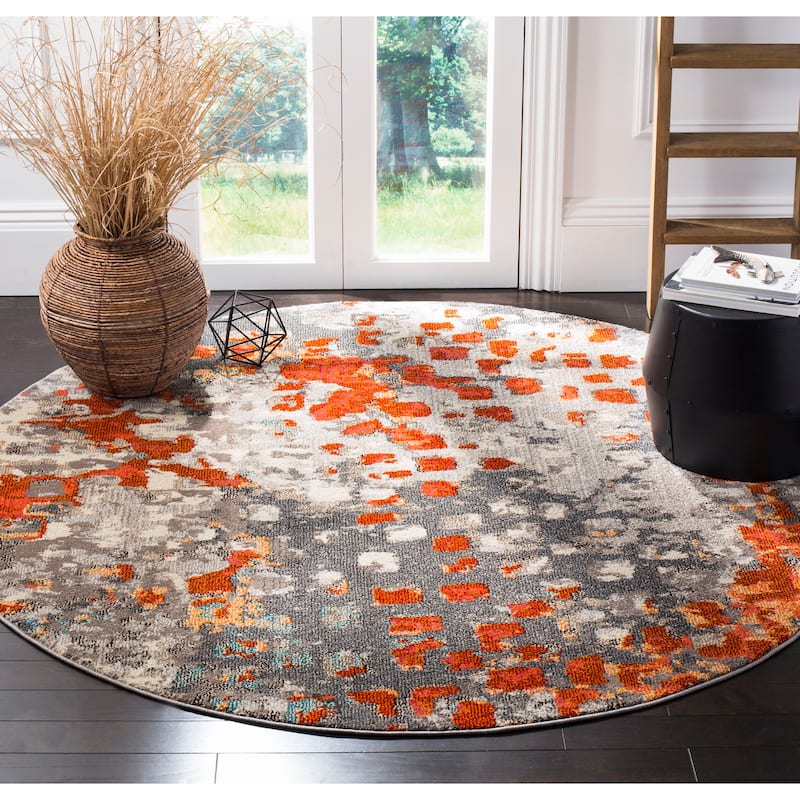 SAFAVIEH Monaco Panna Boho Abstract Modern Watercolor Area Rug - 5' Round - Grey/Orange