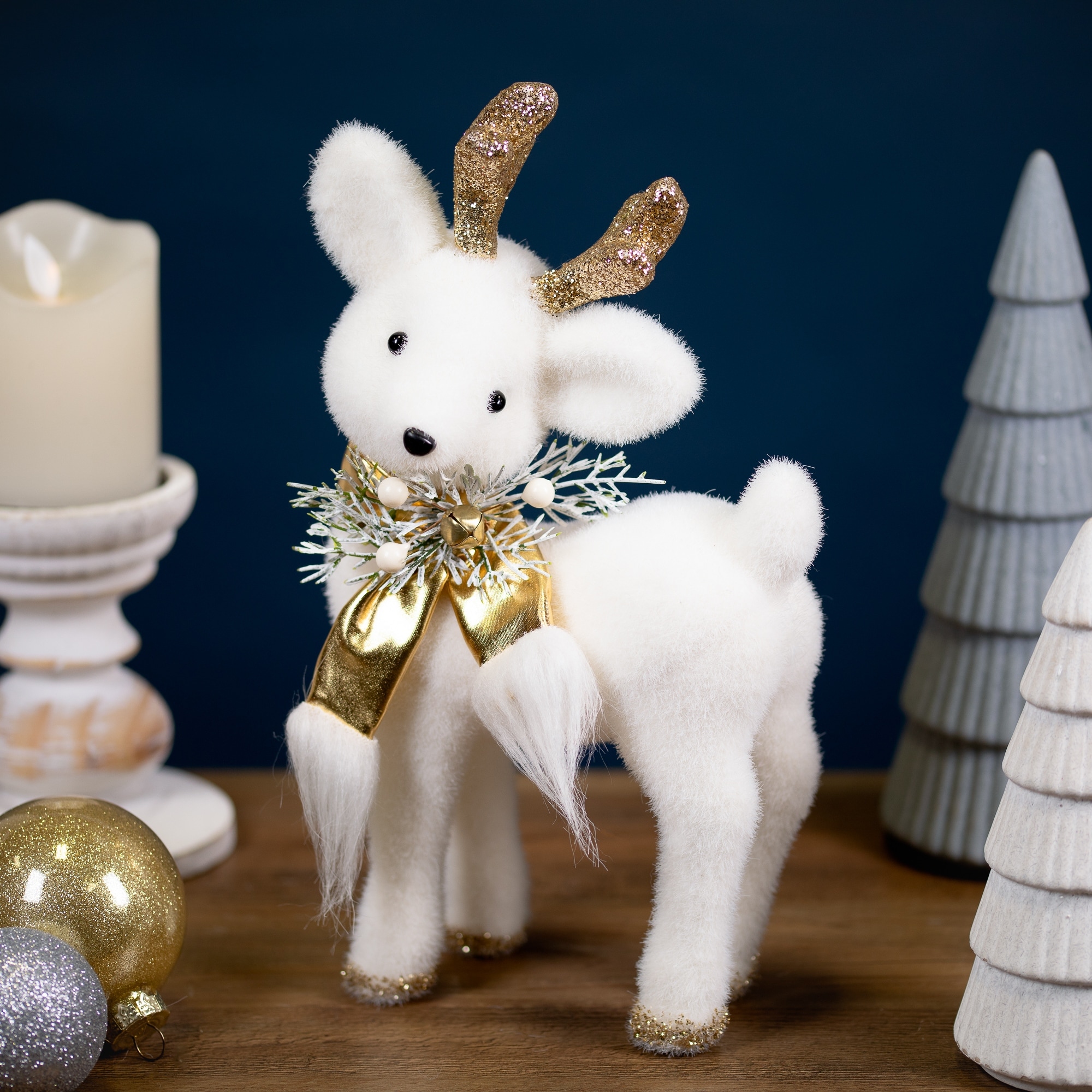Glittered Standing Deer Jingle Bell Christmas Figure 12.25" White Gold