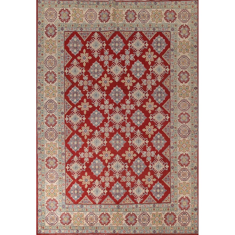 Red Geometric Kazak Oriental Area Rug Handmade Wool Carpet - 9'0" x 11'5"