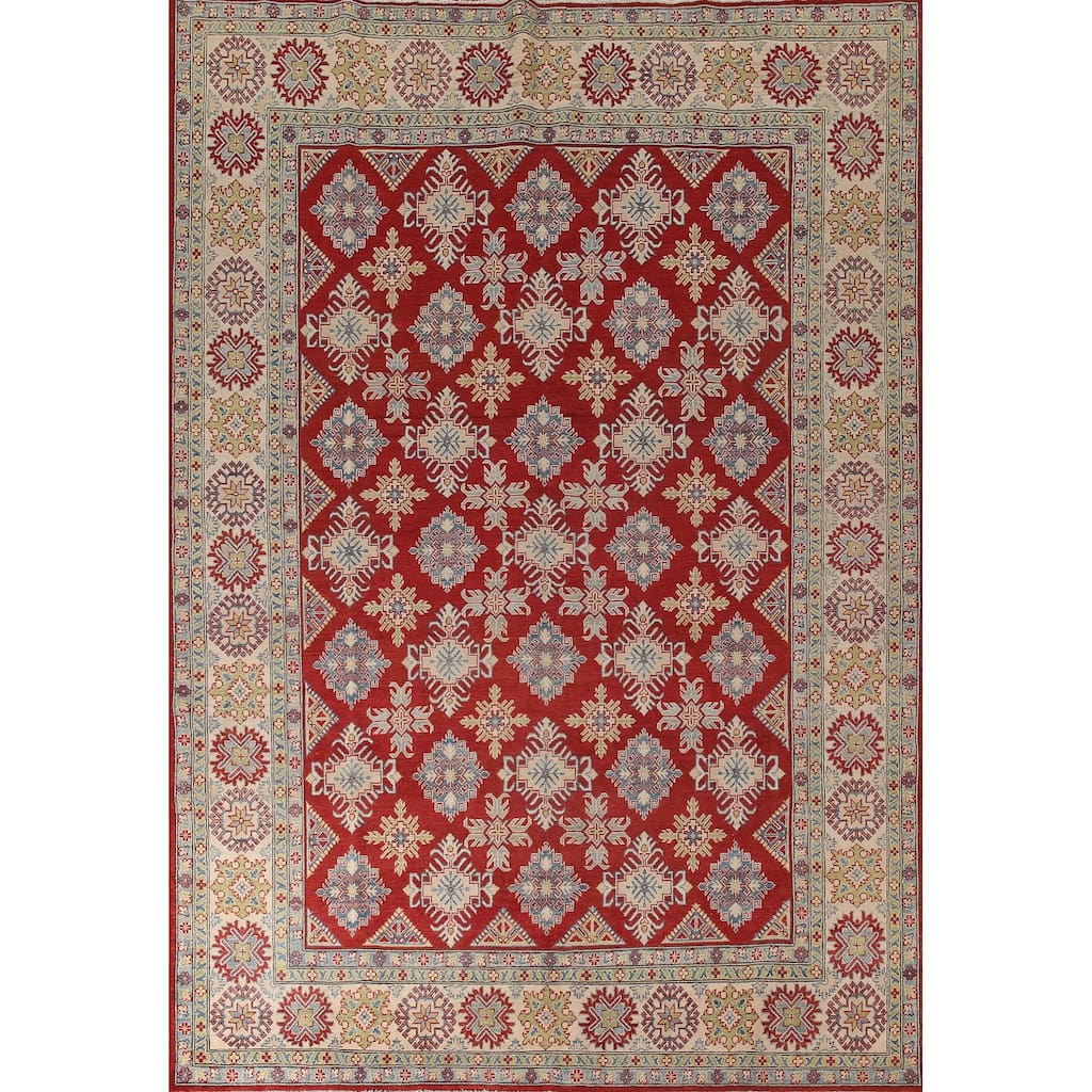 Red Geometric Kazak Oriental Area Rug Handmade Wool Carpet - 9'0" x 11'5"