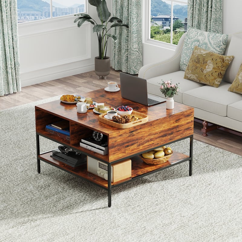 Modern Flip-Top Coffee Table‌ – Dark Walnut & Black Metal Frame, 31.5" Lift-Top with Hidden Storage, Easy Assembly