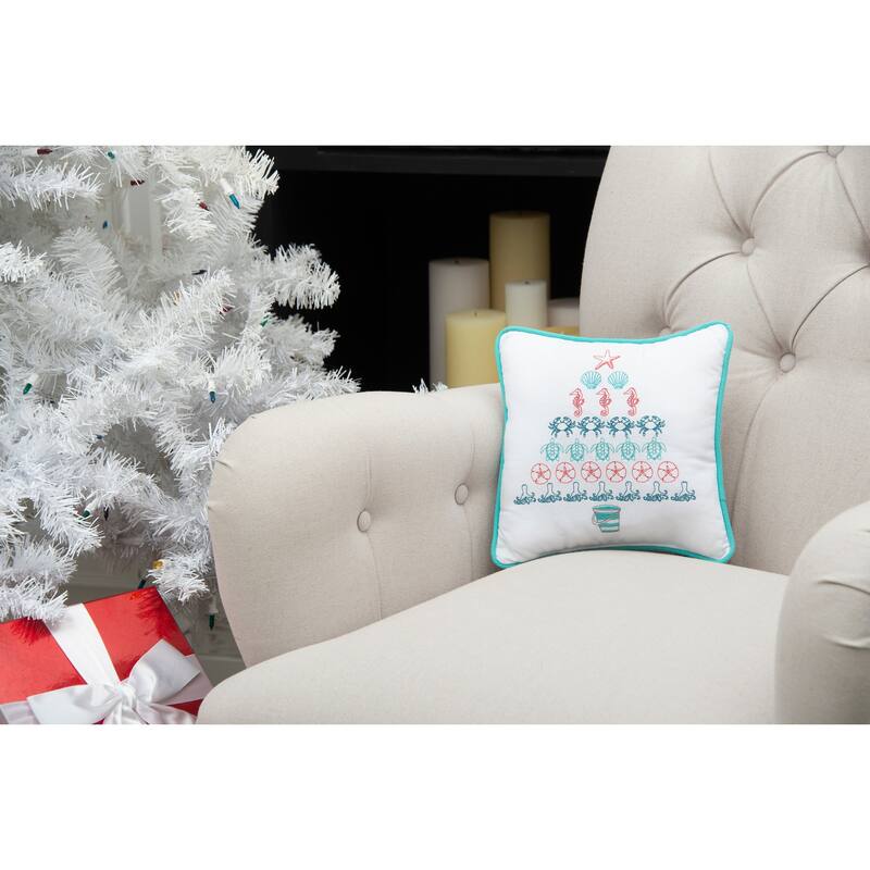 10" x 10" Coastal Tree Embroidered Christmas Holiday Throw Pillow