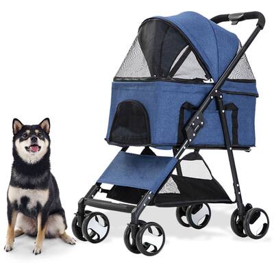 CritterSitters Single 4 Wheel Pet Stroller for Pets 33 Lbs. and Under with Storage Basket, Blue