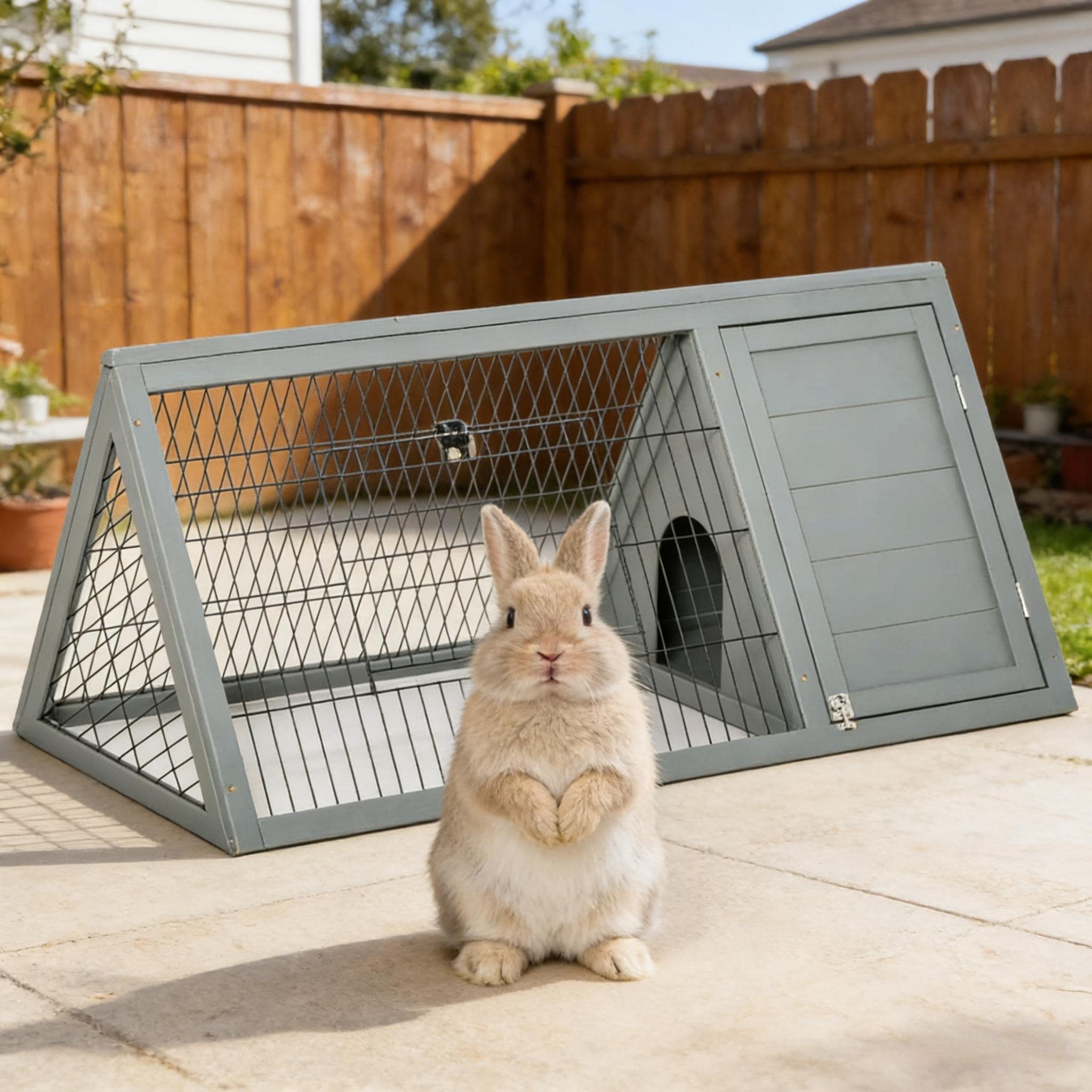 Small Animal Cage Rabbit Hutch,A-Frame Wooden Pet House is designed for convenient cleaning - Grey