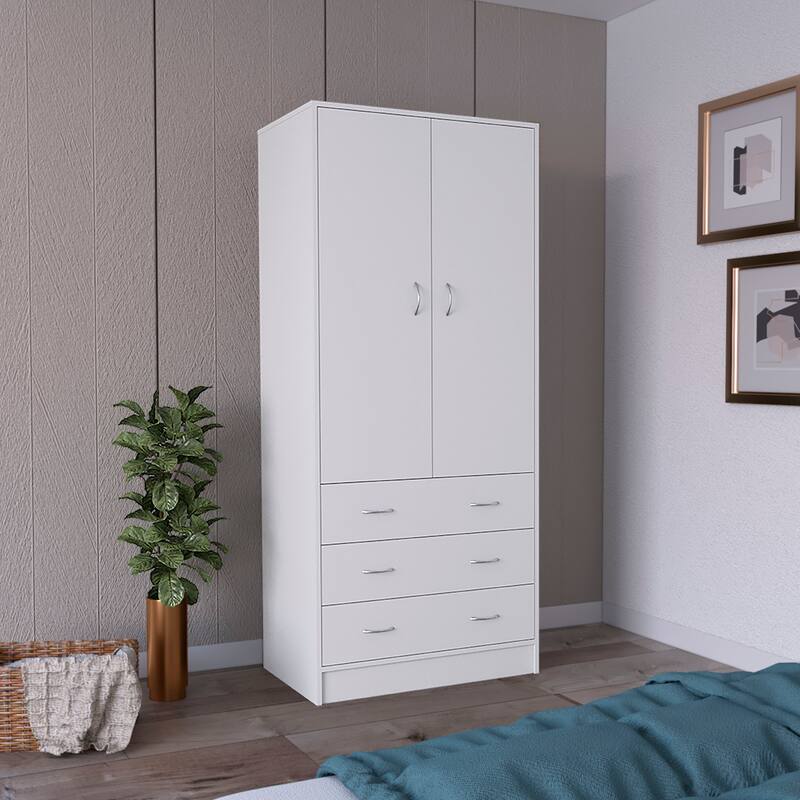 19" Modern Double-door Armoire with 3 Drawers and 1 Hanging Rod for Bedroom