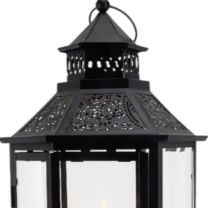 Set of Three Clear And Black Glass And Metal Floor Lantern Candle Holders