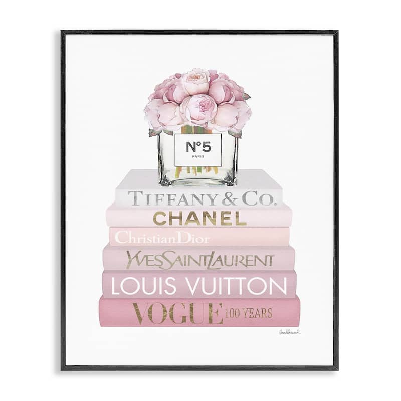 Stupell Pink Rose Bouquet Fashion Style Bookstack Framed Wall Art - 24 x 30 - Grey