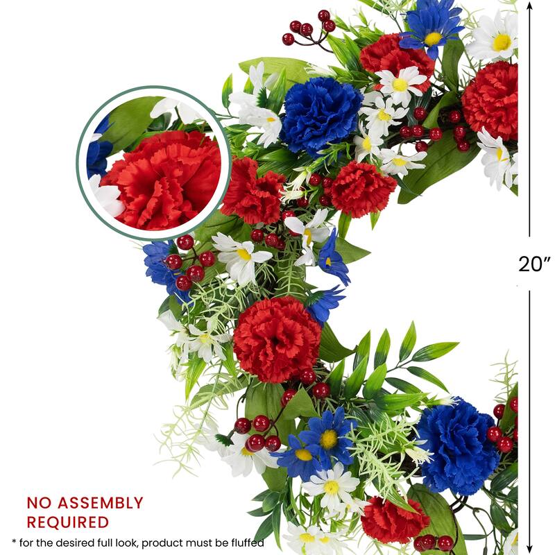 Carnations and Daisies Patriotic Wreath - 20" - Red, White and Blue