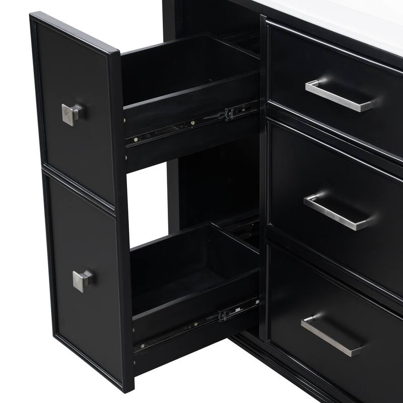 Freestanding Bathroom Vanity with Drop-In Rectangular Ceramic Sink, Flip-Out Drawer, Soft-Close Drawers and Solid Wood Legs