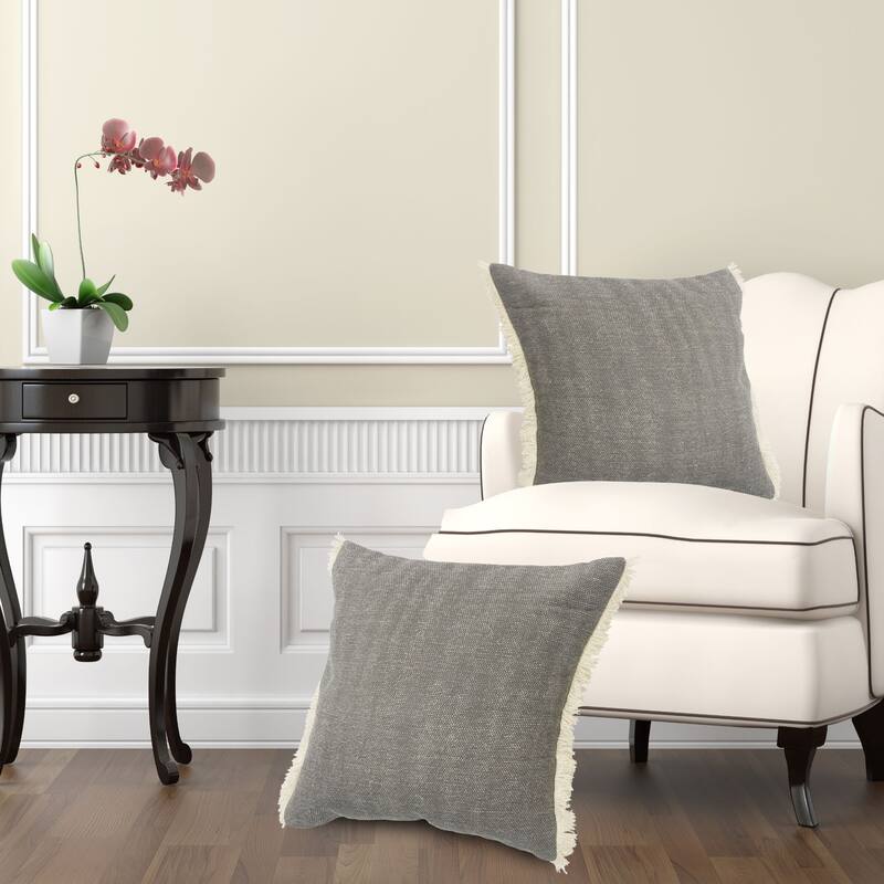 20" Charcoal Gray Solid Fringed Square Throw Pillow