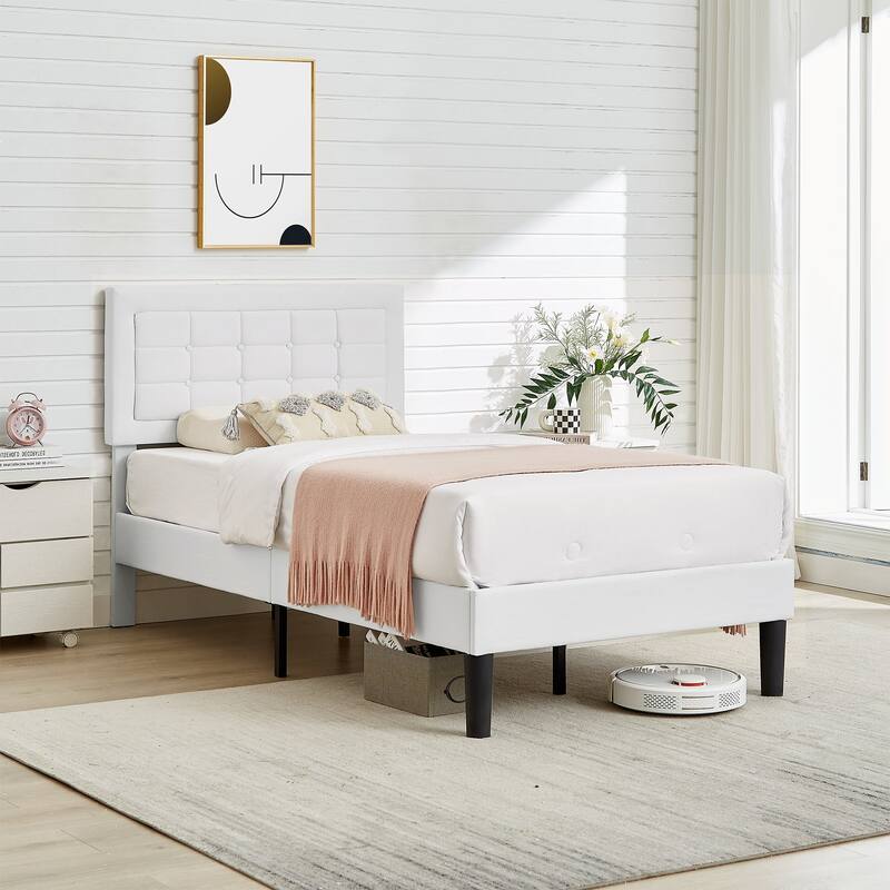 VECELO Tufted Upholstered Kids Bed with Adjustable Headboard,Twin Size Bed Set of 2