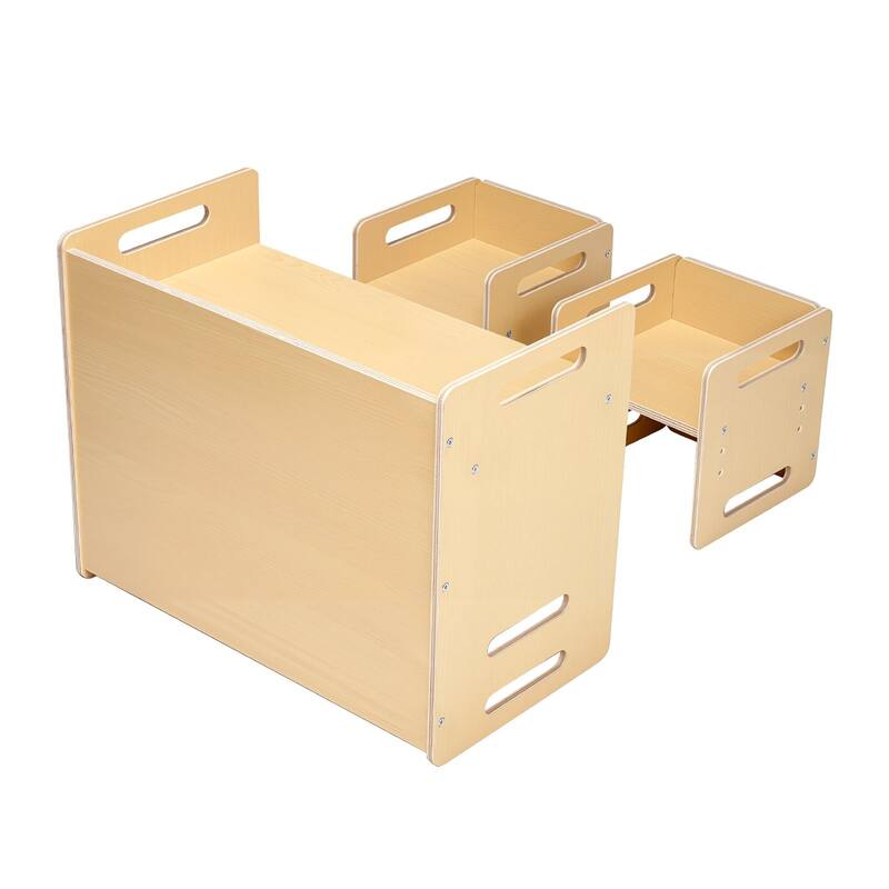 Natural Wood Plywood Montessori Table Set with 2 Chairs & Adjustable Height - 26.2 x 14.2 x 20.5 in