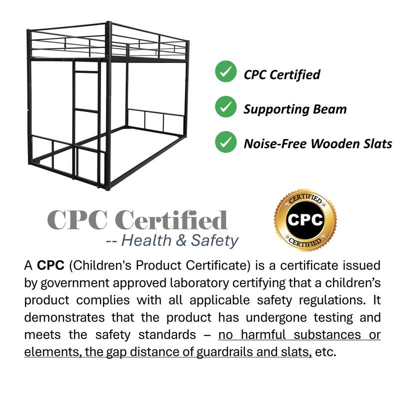 Twin Bunk Bed Low Metal Floor Bunk Bed with Built-in Ladder, High Guardrail